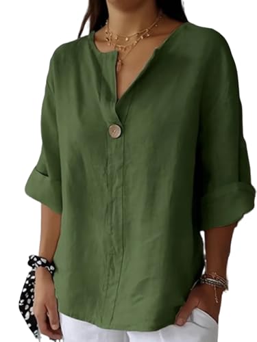 La Mejor Recopilación de Blusas y camisas para Mujer - los preferidos. 41 LDTTGL Blusa Mujer Manga Tres Cuartos 3/4 Algodón Lino Primavera-Verano-Otoño Cuello V Botones Casual Camisa de Mujer (Verde,X-Grande)