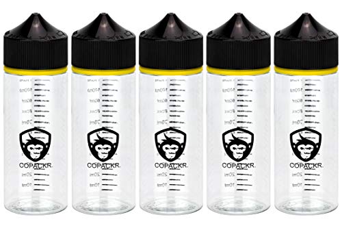 Juego de 5 frascos cuentagotas Chubby Gorilla V3 (120 ml) con indicación de tamaño para aceite, tinta y/o productos químicos, perfectos para viajar, con tapa a prueba de niños Cover