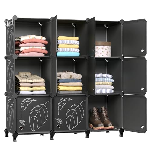 Image of GREENSTELL Closet Organizer, 9 Cube Storage Organizer with Doors, Portable Closet Storage Shelves, Modular Bookcase Closet Cabinet for Clothes, Books, Toys(11.8x11.8x11.8 inch), Black