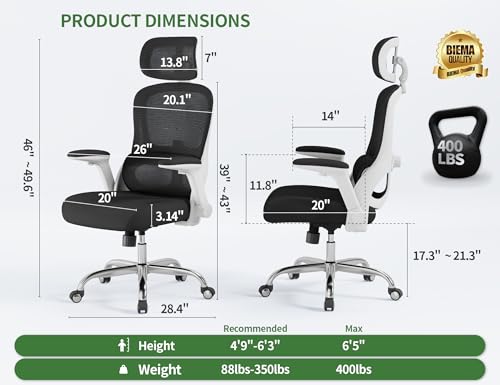 Ergonomic Office Chair - Computer Desk Chair with Adjustable Lumbar Support - 400lbs Executive Desk Chair High Back with Headrest Flip-Up Arms for Long Hours, Rolling Chair (White Black) - Image 3