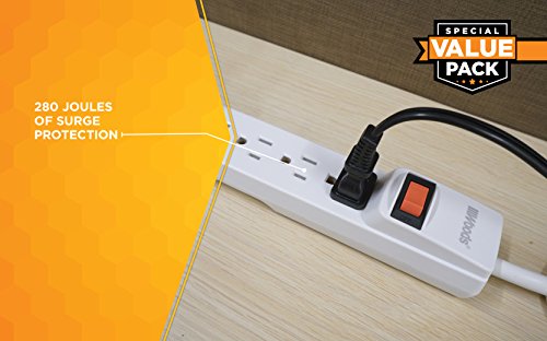 Woods 41346 Surge Protector With Overload Safety Feature 6 Outlets And 2.5 Ft Cord For 280J Of Protection, White, 2 Pack, One Size, 2-Pack #TOP2