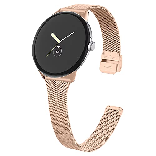 FitTurn Slim Metal Bands for Google Pixel Watch Band Women Men Girl, Grids Thin Stainless Steel Mesh Loop Snap Clasp Strap Replacement for Google Pixel Fitness & Health Tracker (RoseGold)