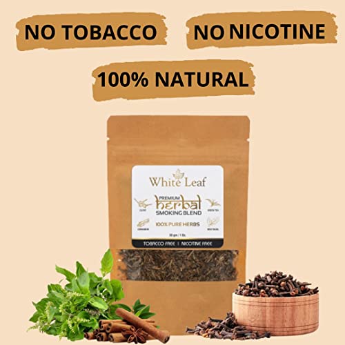 White Leaf 100% Natural Flavour Herbal Smoking Blend 1 Pack (1 Oz/ 30 Gm) - Tobacco & Nicotine Free Smoking Mixture With Wooden Royal Black Pipe #TOP4