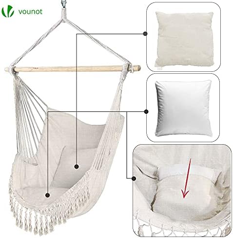 VOUNOT Hanging Chair with Cushion, Macrame Hammock Swing Chair for Bedroom, Balcony, Patio, Garden, Indoor or Outdoor, 265LBS Capacity, Beige