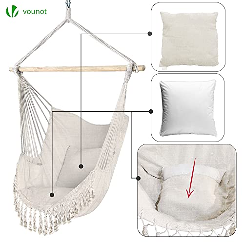 VOUNOT Poltrona Sospesa da Giardino 2 Cuscini, Sedia Amaca Altalena Macrame con Braccioli/Traversa in Legno, Portata Fino a 120 kg, per Interni Esterno Giardino, Beige - Image 7