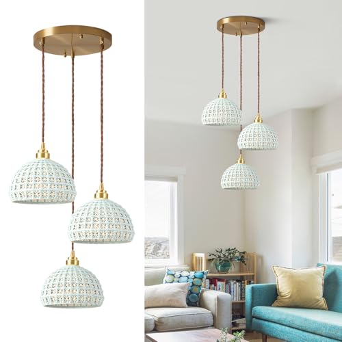 Image of Modern Pendant Light 3-Lights Fixture with Sky Blue Ceramic Shade Brass Vintage Pendant Lighting Industrial Dome Pendant Lamp for Bedroom Kitchen