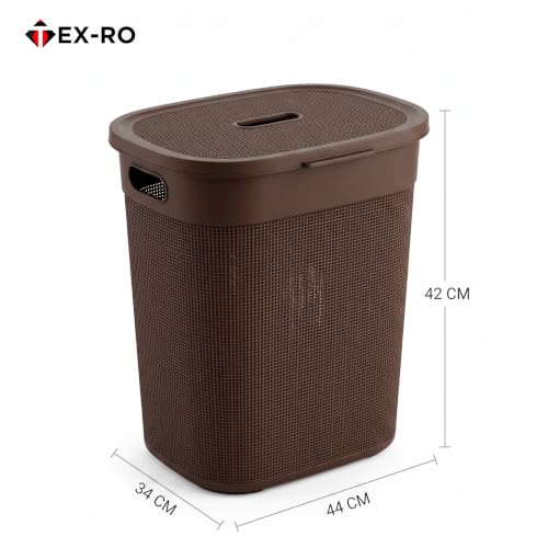 Image of TEX-RO 55L Laundry Basket with Lid, Brown Plastic Clothes Storage Basket with Handles, Large Dirty Clothes Hamper for Laundry, Bathroom & Bedroom, Multipurpose Storage Basket for Home