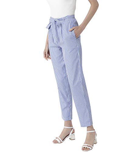 Image of Style Quotient Women Blue & White Original Tapered Fit Striped Cropped Trousers