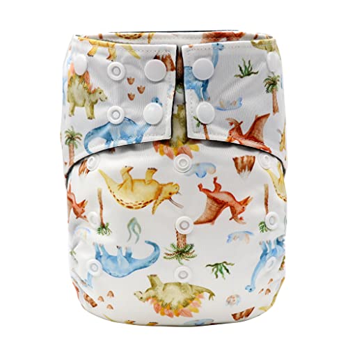 Happy BeeHinds SS 1.0 All-in-One Cloth Diaper - Convenient, Soft & Absorbent with Tummy Panel & Snap System for Leak Prevention - Made with Natural Fiber Bamboo & Odor Resistance (Dinosaurs)
