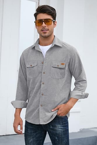 Image of Comdecevis Men's Flannel Button Down Jacket Long Sleeve Lightweight Cotton Work Shirts Jackets with Flap Pockets Gray Large