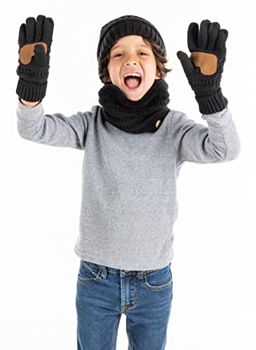 Image of Funky Junque Kids Matching Winter Solid Ribbed Beanie Cap, Fleece Lined Neck Warmer, Stretchy Toddler Gloves Bundle