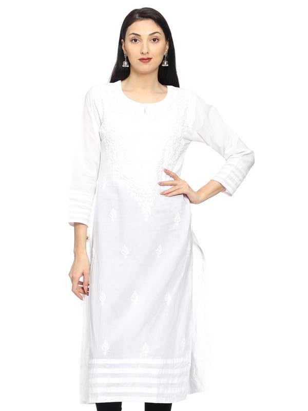 Ada Hand Embroidered Chikankari Indian Straight Cotton Kurti Kurta Tunic Dress for Women A1499843