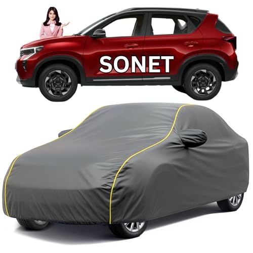 Image of Car Cover for Kia Sonet All Model & Years (2020-2024) 100% Waterproof with Mirror Pockets, Triple Stitched Bottom Elastic Dustproof Full Body Protection Heat & UV Resistant, Grey