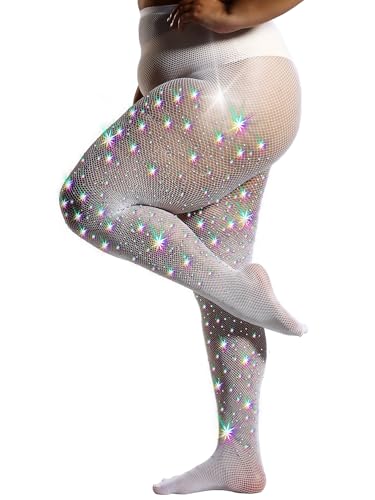Image of HONENNA Queen Plus Size 10X Strong Rhinestone Fishnet Stockings, Ultra Sparkly High Waist Tights for Women, Party Concert