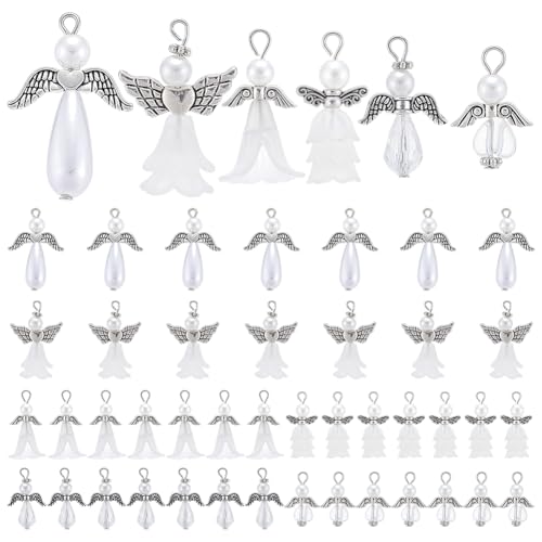 PH PandaHall 48pcs 6 Styles Angel Wing Charms, White Pearl