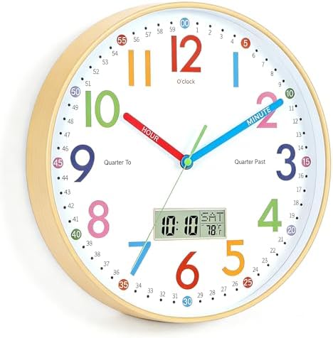 Nbdeal 12 Inch Learning Clock for Kids, Teaching Clock Kids Analog Colorful Bedroom Wall Clock Natural Color with Calendar & Temperature Display ET-H4897 image 2