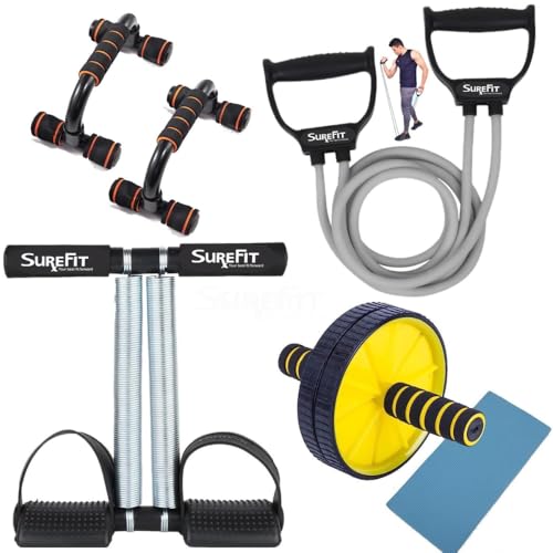 SUREFIT 4-in-1 Home Gym Combo | Double Spring Tummy Trimmer, Resistance Toning Tube, Ab Roller & Push-Up Bar | Full Body Fitness Kit for Men & Women | Home Workout Set (BLACK)