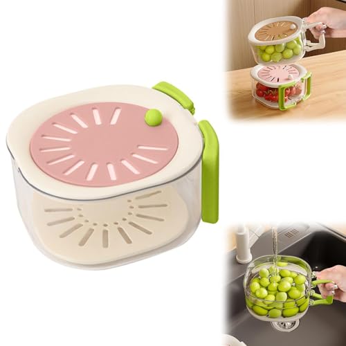 Fruit Washing Bowl With Strainer, Fruit And Vegetable Washing Bowl With Lid, Small Plastic Food Strainers With Lid, Colander Draining Basket With Handle,vegetable Draining, Food Storage for Fridge