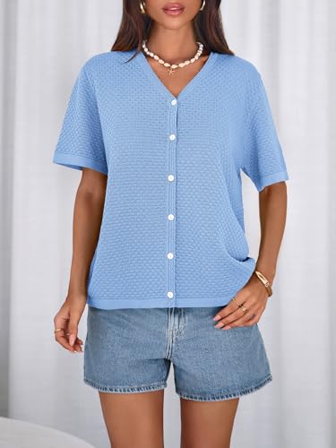 Image of NALANISA Women's Short Sleeve Sweater Spring Summer Crochet Knit Tops 2026 V Neck Striped Button Down Dressy Casual Blouses
