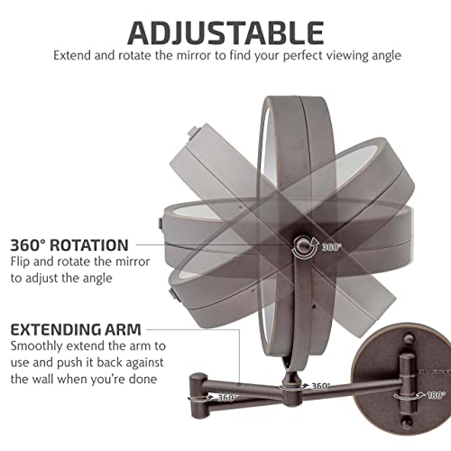 Image of OVENTE 9 inch Wall Mounted Lighted Makeup Mirror, Antique Bronze MFW85ABZ1X7X | Cordless Double Sided 1X /7X Magnifying Mirror for Bathroom with LED Lights, 360 Rotation, Extendable Arm, Battery Operated
