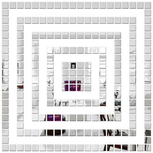 Image of Bikri Kendra - 400 Square Silver Decorative Mirror Stickers for Wall, Wall Mirror Stickers, 3D Acrylic Stickers Wall Stickers for Hall Room, Bed Room, Kitchen Living Room Kids Room. (Blacke)