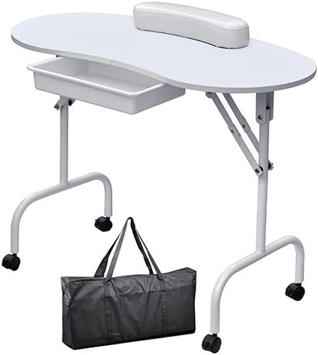 Franc Moody Mesa de manicura plegable portátil con ruedas con bloqueo, estación de trabajo de escritorio de esteticista de uñas con almohadilla para