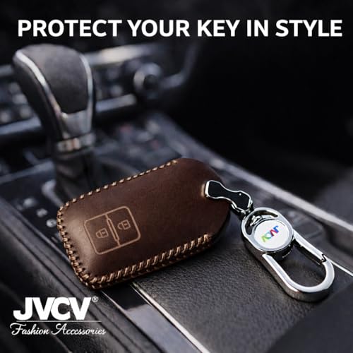 Image of JVCV Car Styling Soft Handmade Leather Key Cover Compatible with Suzuki Jimny Fronx Grand Vitara Victoris Baleno XL6 Swift Ertiga, Dzire Urban Cruiser Glanza, Hyryder (2 Button Smart Key, Brown)