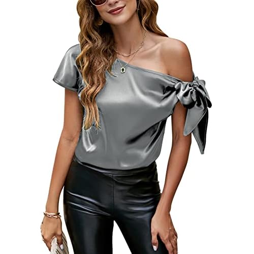 VIDUSSA Women's Off Shoulder Silk Tops Casual Short Sleeve Asymmetrical Neck Satin Blouse Shirts Medium Grey