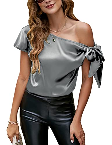 VIDUSSA Blusa de seda con hombros descubiertos para mujer, informal, manga corta, cuello asimétrico, blusa de satén, Gris, XL