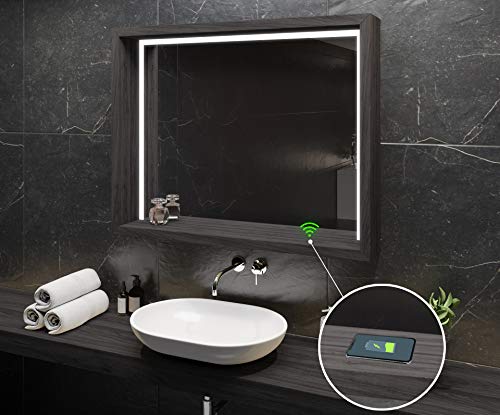 Artforma Modern Bathroom Mirror with LED light 800x1000 mm with Frame and Shelf | Selection of Demister Heat Pad/Bluetooth Speaker - Wall Mounted Illuminated Mirror - Cold White | Lucerne Elm