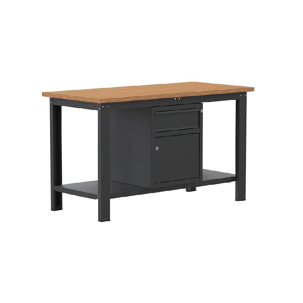 SOGI X3N_103L Werkbank - 1,5 m - Holzplatte - Schrank mit Tür und Schublade - Anthrazitgrau, Holzbock