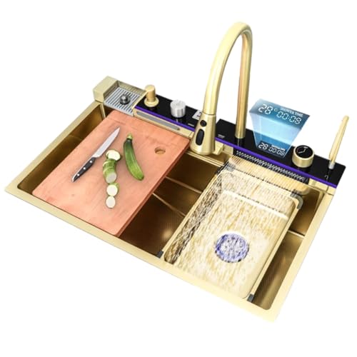 YADZISW Lavavajillas Cascada Multifuncional con Pantalla Digital Nano Dorada, Lavavajillas Individual Grande para el Hogar con Vaso Presurizado (Color: Dorado, Tamaño 80 * 46 23 cm