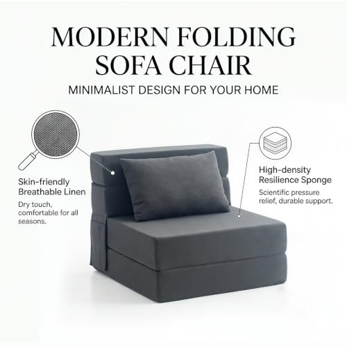 Image of Folding Sofa Bed | Convertible Sleeper Chair Bed for Adults, Fold Out Chair to Bed Linen Futon Chair with Pillow, for Home Dorm Apartment RV Living Room, Single Size Dark Gray