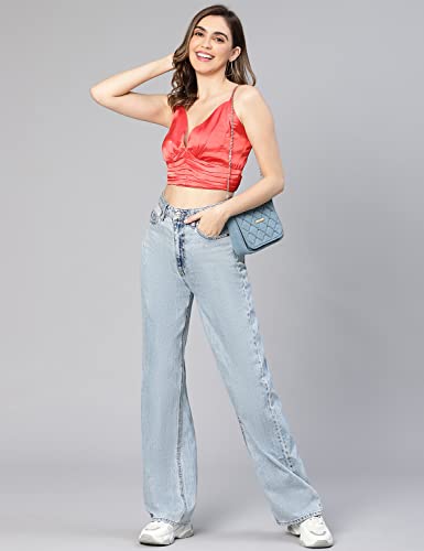 Image of oxolloxo Women Satin Shoulder Strap V-Neck Crop Top