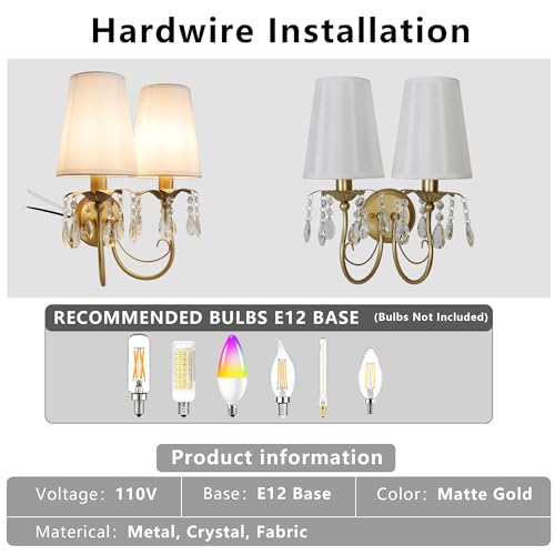 Image of 2-Light Vintage Crystal Wall Sconce, Antique Wall Lights with White Fabric Lampshade for Bedroom Bedside Living Room, Matte Gold Finish