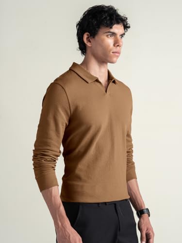 Image of DAMENSCH Statement Popcorn Johnny Collar Full Sleeve Polo with Premium Cotton Blend, Popcorn Texture, Colours by High-IQ Dyes Heavy Weight Fabric T-Shirt for Men