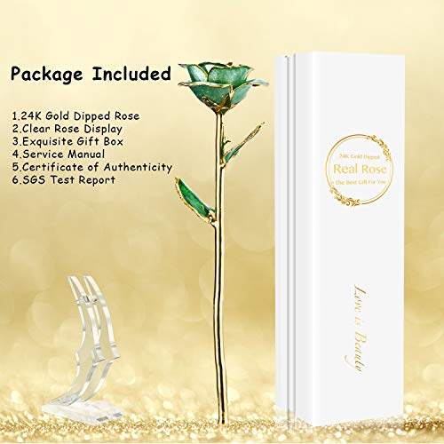 Image of Gift for her Rose, 24k Golden Rose Made from Real Rose Great Gifts for her and Best Gifts for Wife, Green with Stand