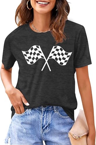Racing Shirt Women Checkered Flag Printed T-Shirt Race Day Tee Funny Racing Apparel Causal Short Sleeve Tops