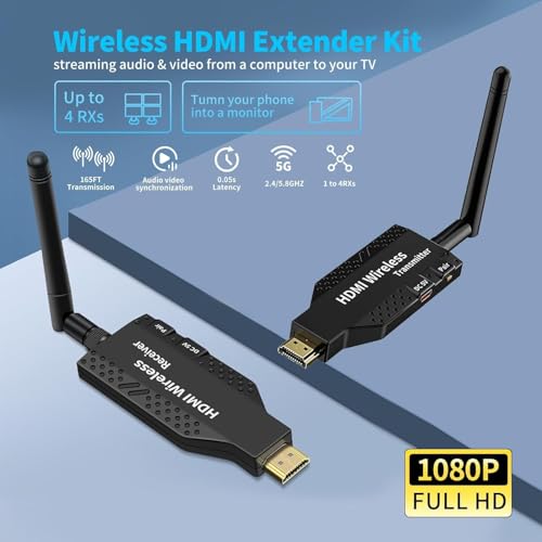 Image of Wireless HDMI Transmitter and Receiver, 50 Meter 165ft Range, Plug and Play, Support 2.4 /5GHz 1080P Streaming Audio Video from Laptops, PC etc (HDMI Wireless Plug and Play 50 m Long Range RX-TX)