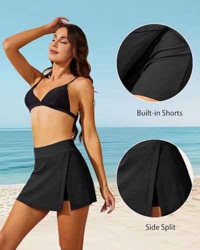 Aqua Eve Women Swim Skirt Tummy Control Swimsuit Skirt with Built-in Shorts High Waisted Split Swim Bottom3