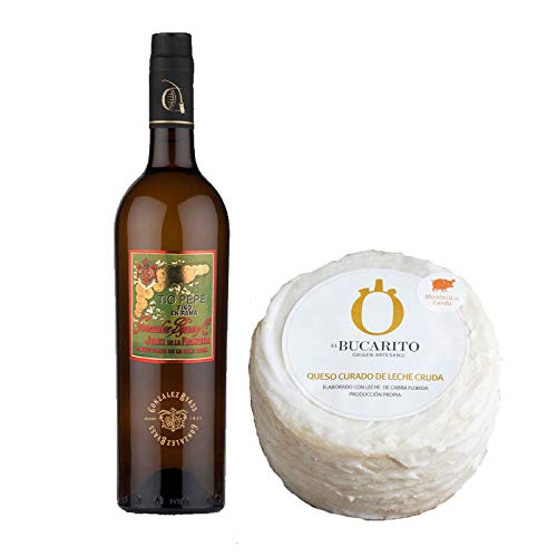 Pack de Vino Fino en Rama Tio Pepe y Queso Curado de Leche Cruda en Manteca - Vino de 75 cl y Queso de 900 g aprox - Mezclanza