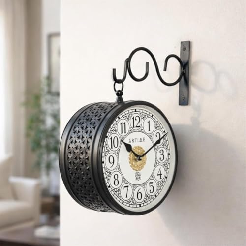 Image of Handcrafted Double Side Metal Analog Vintage Wall Clock | 1.5 Year Machine Warranty | 6 INCHES | 1 Side Number 1 Side Roman,Color Black
