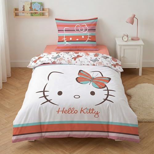 Aymax Parure de Lit Hello Kitty Butterfly, 1 Personne, Housse de Couette 140x200 cm + Taie d'oreiller 65x65 cm, Polycoton