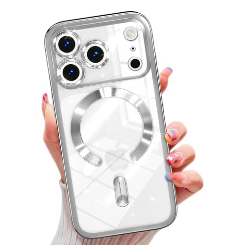 Image of Misscase for iPhone 17 Pro Max Case with Privacy Screen Protector, Built-in Lens Protector, Compatible with MagSafe, Anti-Yellowing Shockproof TPU, Bling Glitter Electroplated Cover 6.9 inch Sliver