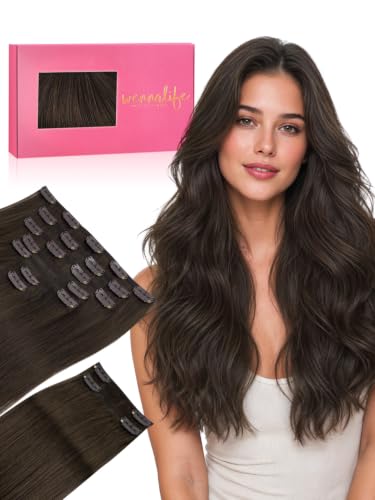 WENNALIFE 20 Inch 150g 9pcs Real Human Hair, Light Dark Brown Clip in Remy Hair Extensions Clip Ins Double Weft