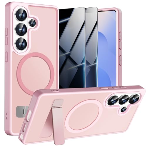 UWQAP Magnetic Case for Samsung Galaxy S25 Plus/S24 Plus with 2X Privacy Screen Protectors,S 25+/S 24+ Plus Phone Case with Stand,Fit with MagSafe,Shockproof Translucent Matte Protective Cover,Pink
