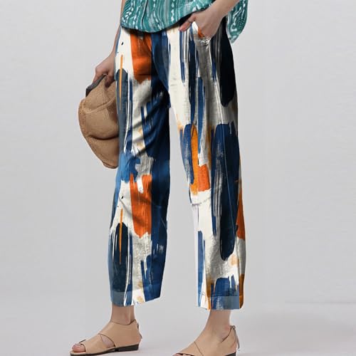 Summer Pants for Women Boho Floral Casual Linen Pants Elastic Waisted Drawstring Beach Vacation Trouser with Pockets3