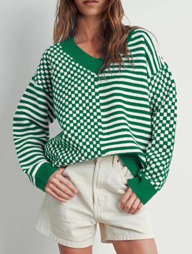 Image of UNCLECAT Womens Striped Checkered Sweater V Neck Fall Trendy Pullover Tops