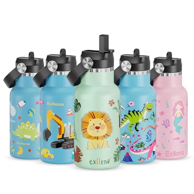 12oz Kids Water Bottle for School with Straw & Handle, Leakproof Toddler Water Bottle Stainless Steel - Kids Insulated BPA-Free Metal Drinks Bottle, Durable Prints (Zoo)