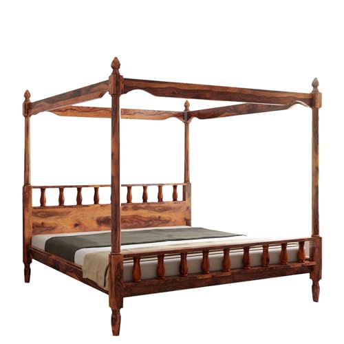 Image of Solid Sheesham Wood Poster Bed | Queen Size Canopy Bed Frame Without Storage | Honey Finish Solid Wooden Double Bed for Bedroom